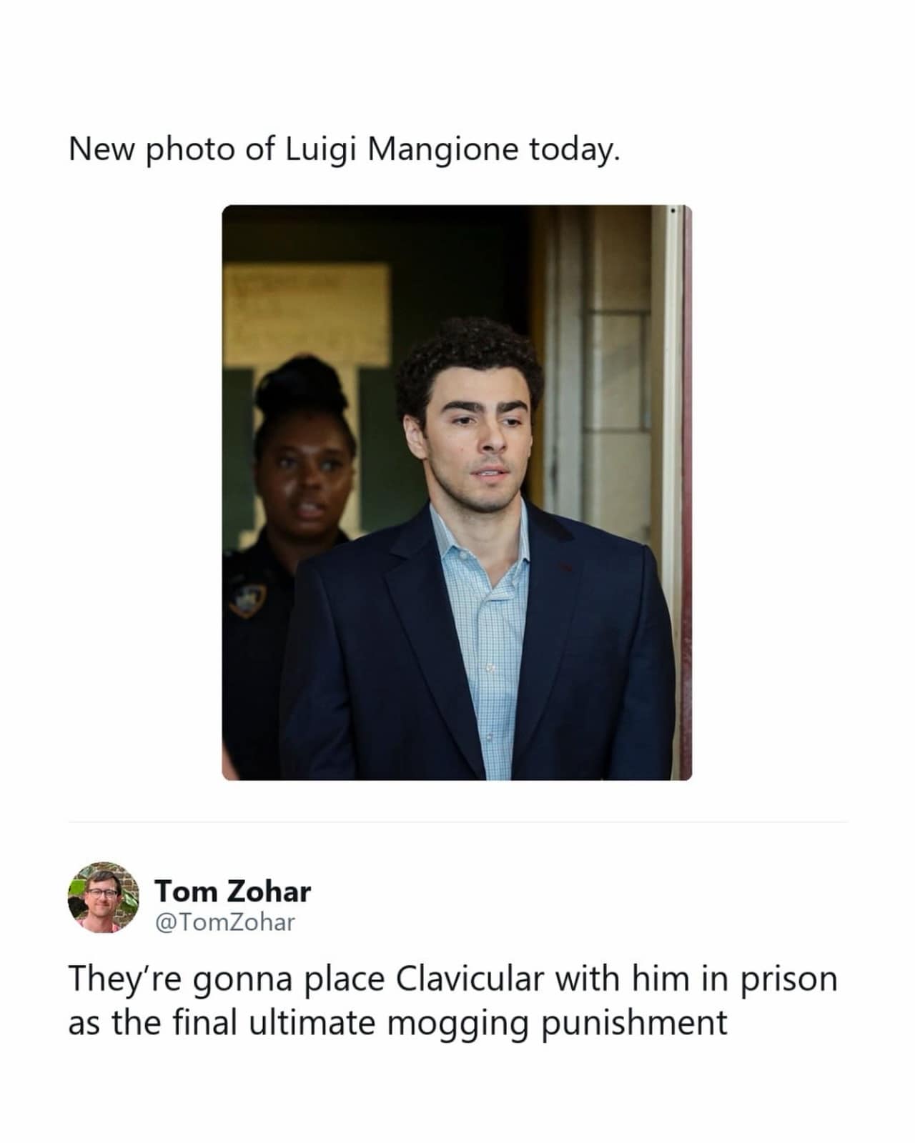 A news photo of true-crime internet figure Luigi Mangione walking in a courtroom suit is paired with a sharp commentary about the aesthetics of lookism culture in an internet meme dump.