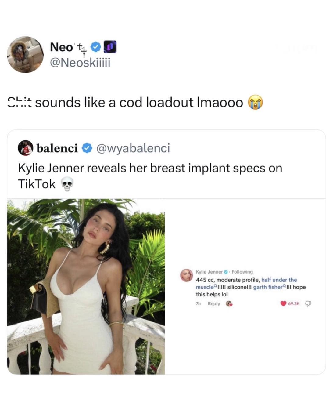 A viral media post compares Kylie Jenner's detailed cosmetic surgery implant specifications to a Call of Duty video game weapon loadout, making it a stellar addition to this online meme dump.