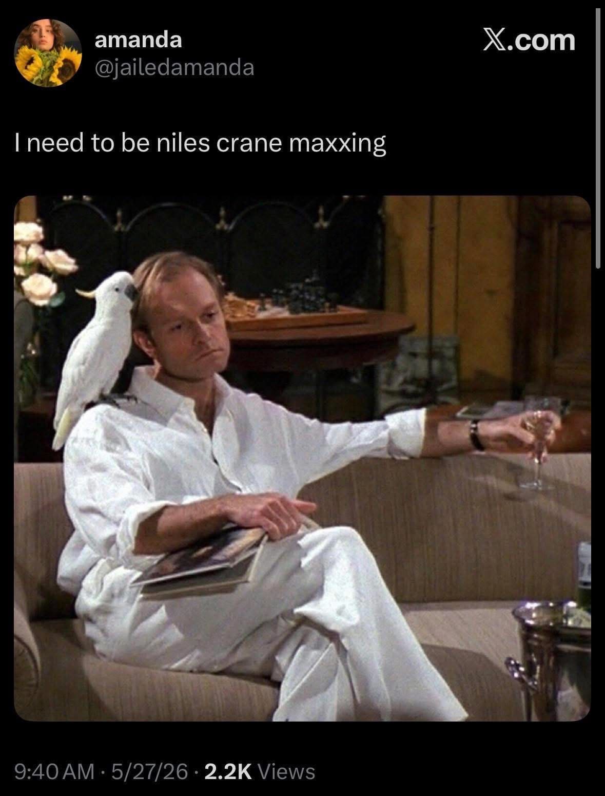 A luxury lifestyle joke in a trending meme dump displays an X post by user amanda featuring a television still of Niles Crane from Frasier lounging on a sofa in a crisp white outfit with a cockatoo on his shoulder, captioned, "I need to be niles crane maxxing."