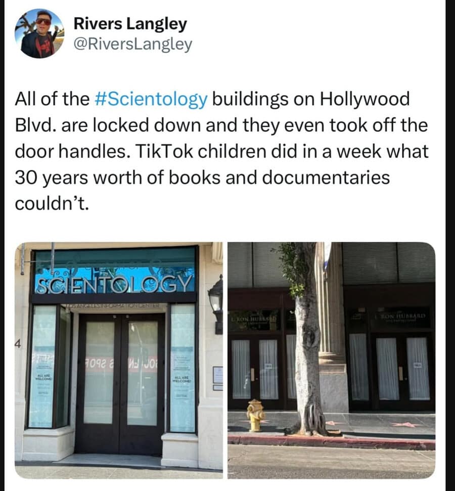A photo showing a Scientology building with no door handles highlights a bizarre real-world moment in this meme dump.