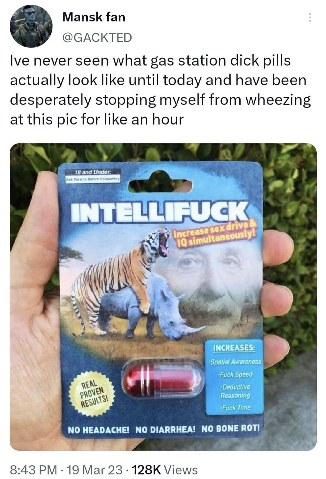 A hilarious meme featuring a package of "INTELLIFUCK" gas station pills that claim to increase sex drive and IQ simultaneously, featuring Albert Einstein and a tiger mounting a rhinoceros.