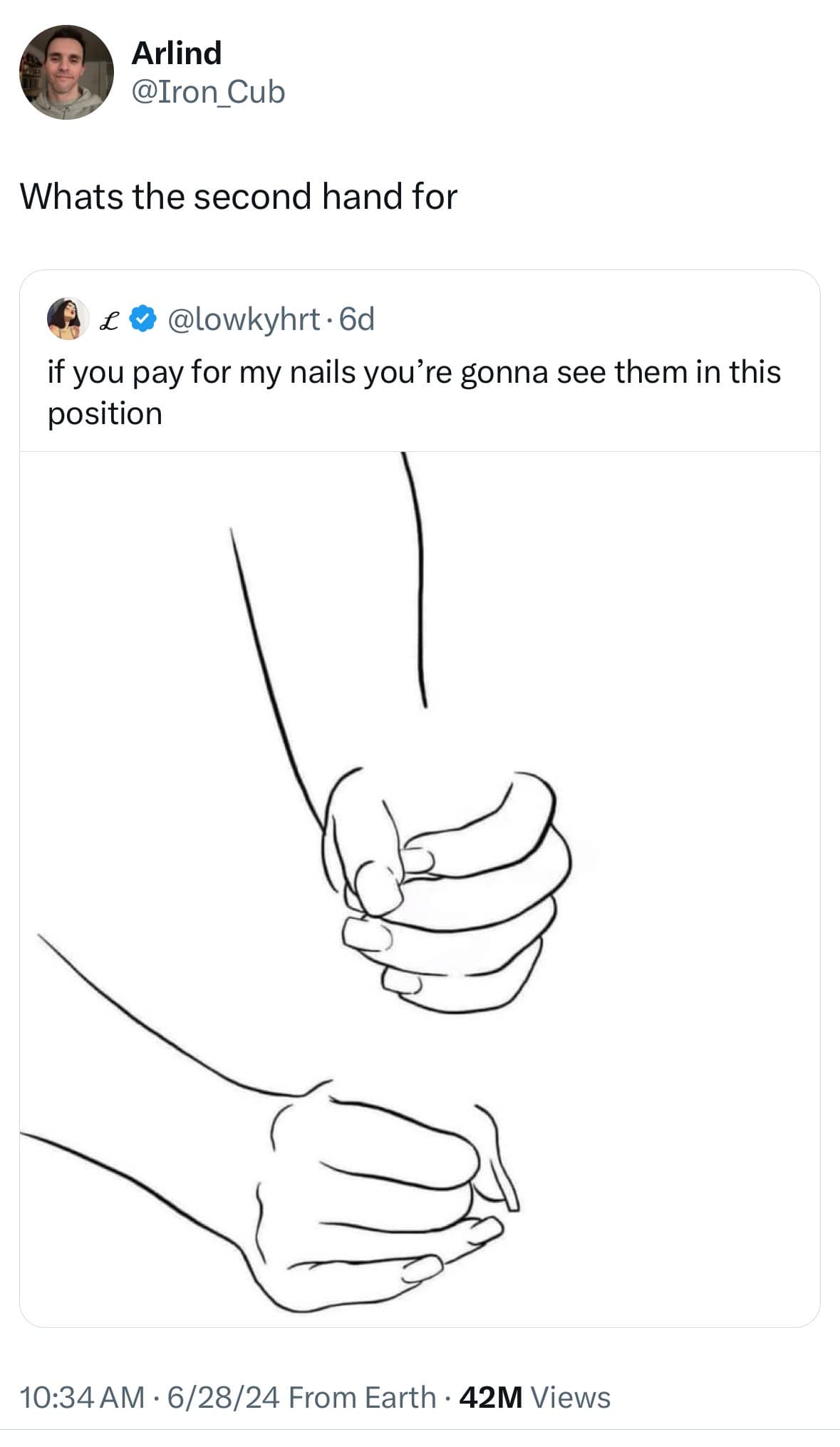 An abstract line drawing meant to showcase a romantic couple holding hands gets hilariously overanalyzed in a text post questioning the structural anatomy and physics of where the second hand belongs.