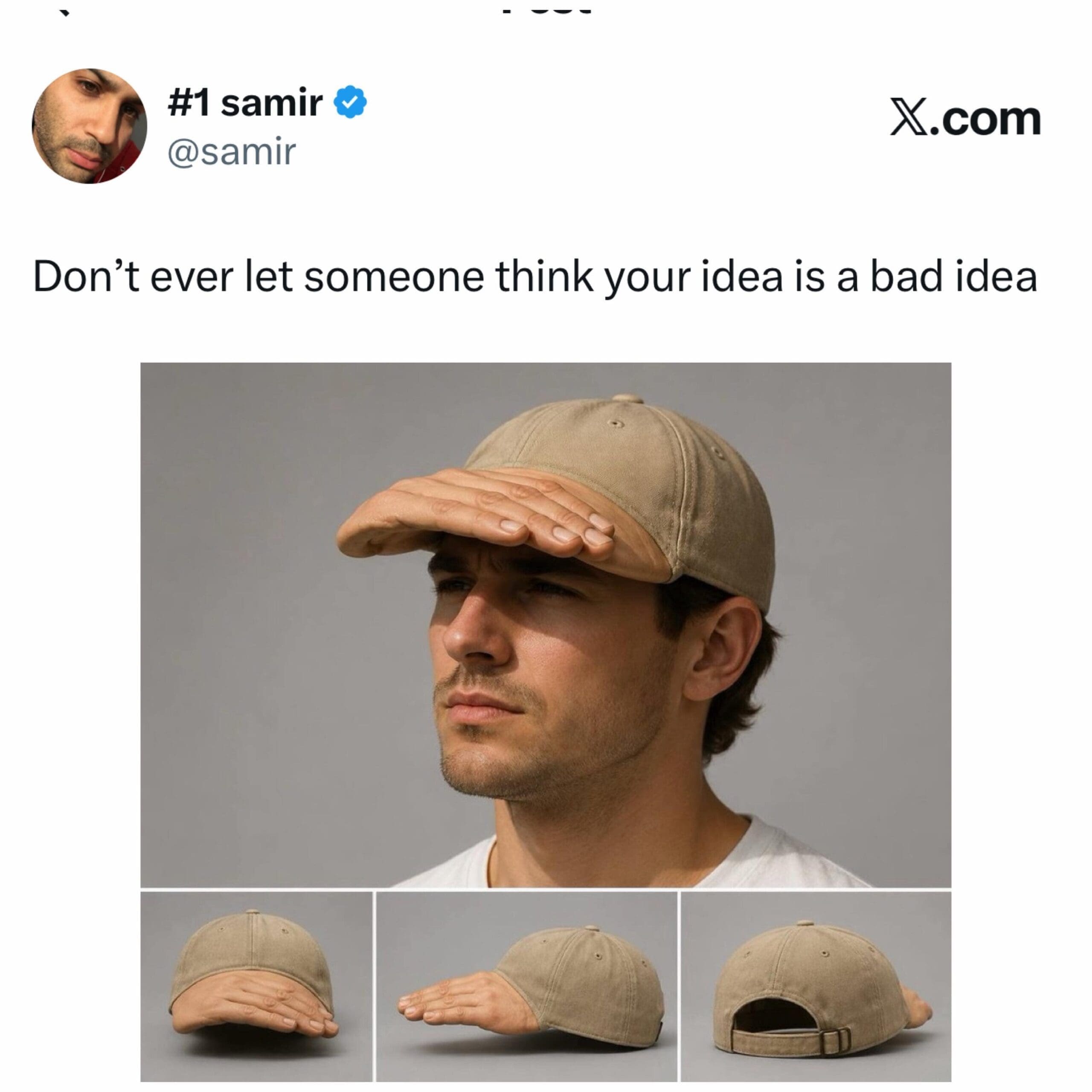 bizarre product design concept shows a khaki baseball cap featuring a brim realistically sculpted into a human hand shading the eyes, shared as an example of an unhinged but functional funny meme idea.