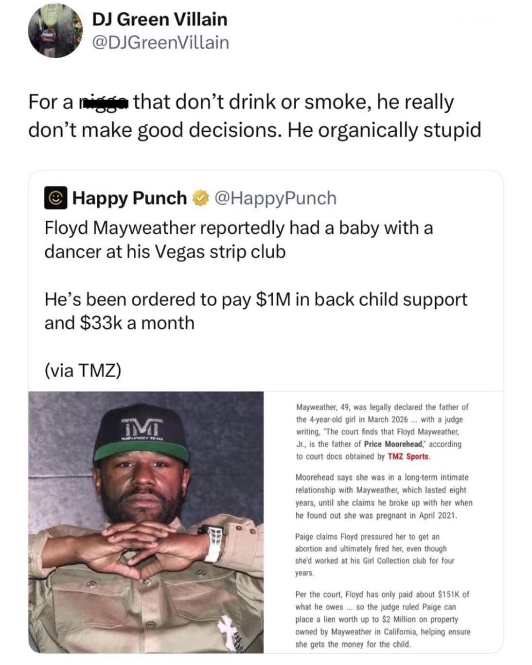 A celebrity news clipping detailing boxer Floyd Mayweather's massive child support payments features a funny social media reaction calling his decision-making skills organically flawed.