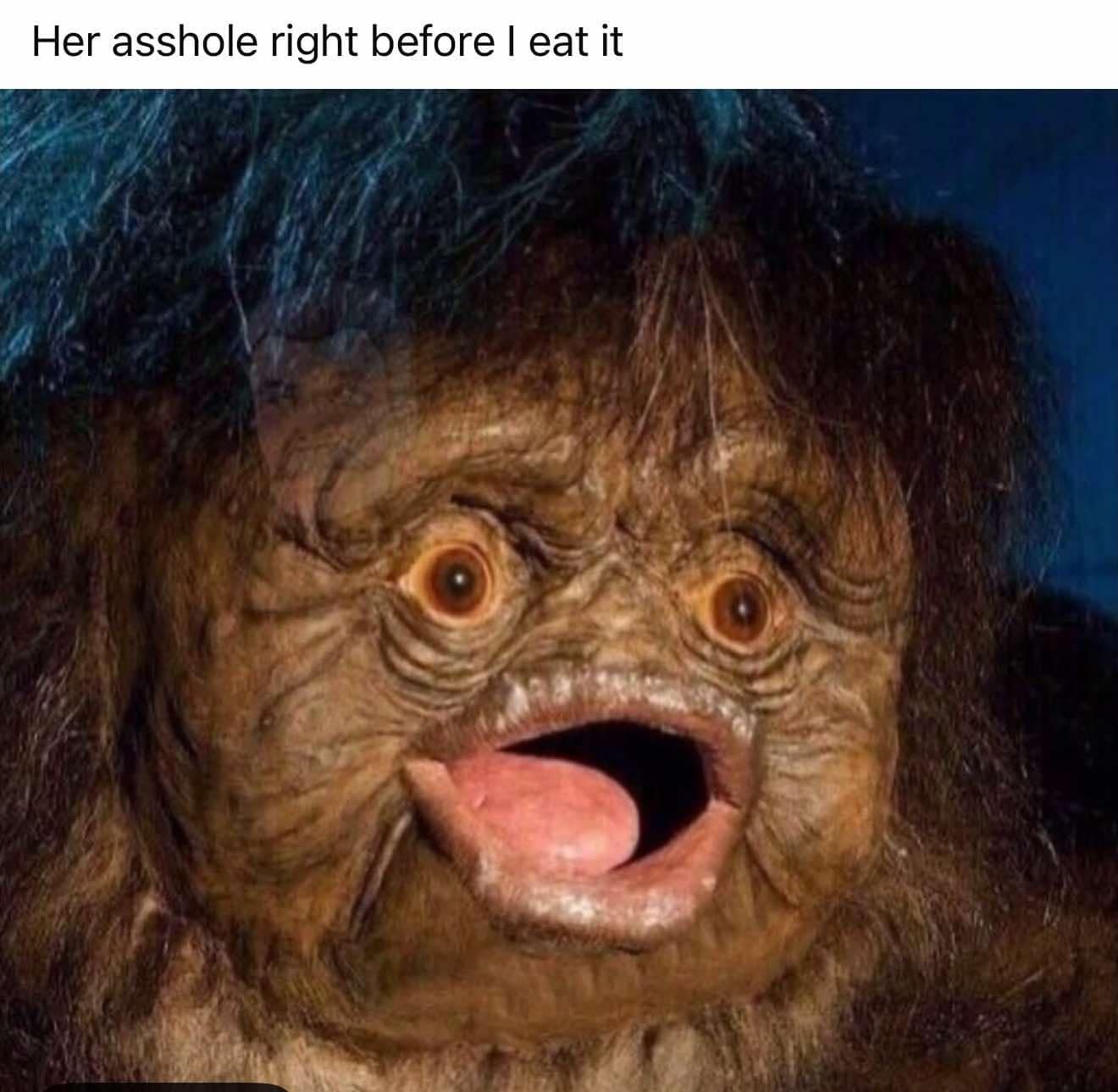 A close-up of a bizarre, wide-eyed 1980s puppet creature with an open mouth and protruding tongue, repurposed with a raunchy adult situational comedy caption overlay.
