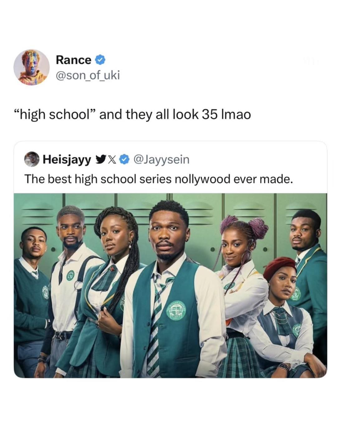 A television casting critique within a comedy meme dump highlights a tweet by user Rance mocking a promotional group photo for a Nollywood high school series where all the cast members clad in school uniforms look completely like 35-year-old adults.
