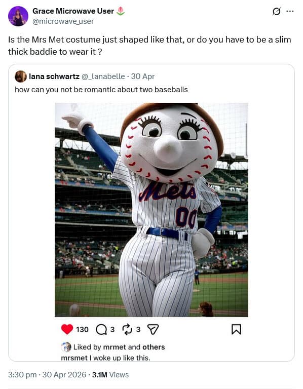 A Twitter post discussing the curvy proportions of the Mrs. Met mascot costume goes viral as a funny meme.