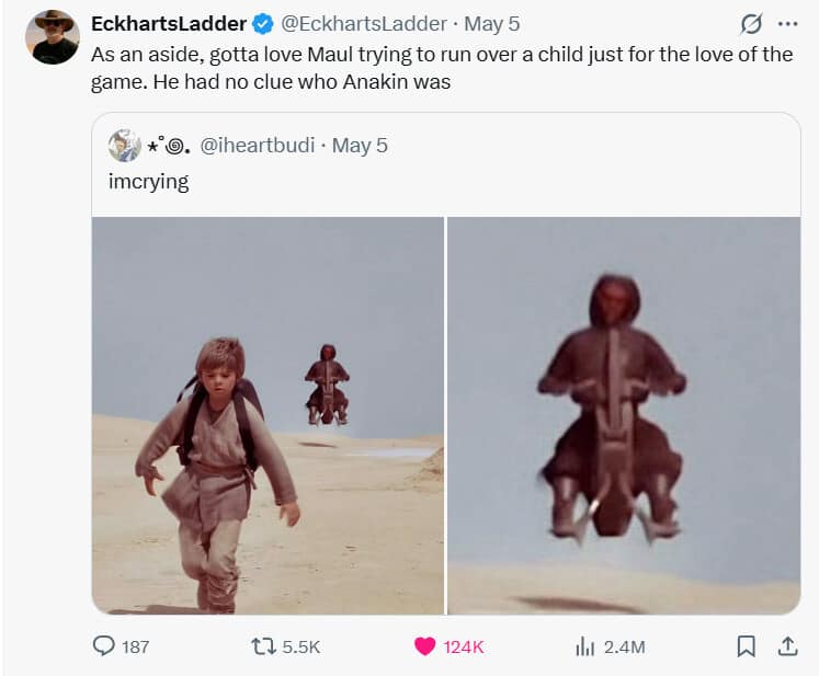 A Star Wars meme dump post celebrating Darth Maul's "hater energy" in The Phantom Menace, specifically his attempt to run over young Anakin on a speeder bike just "for the love of the game."