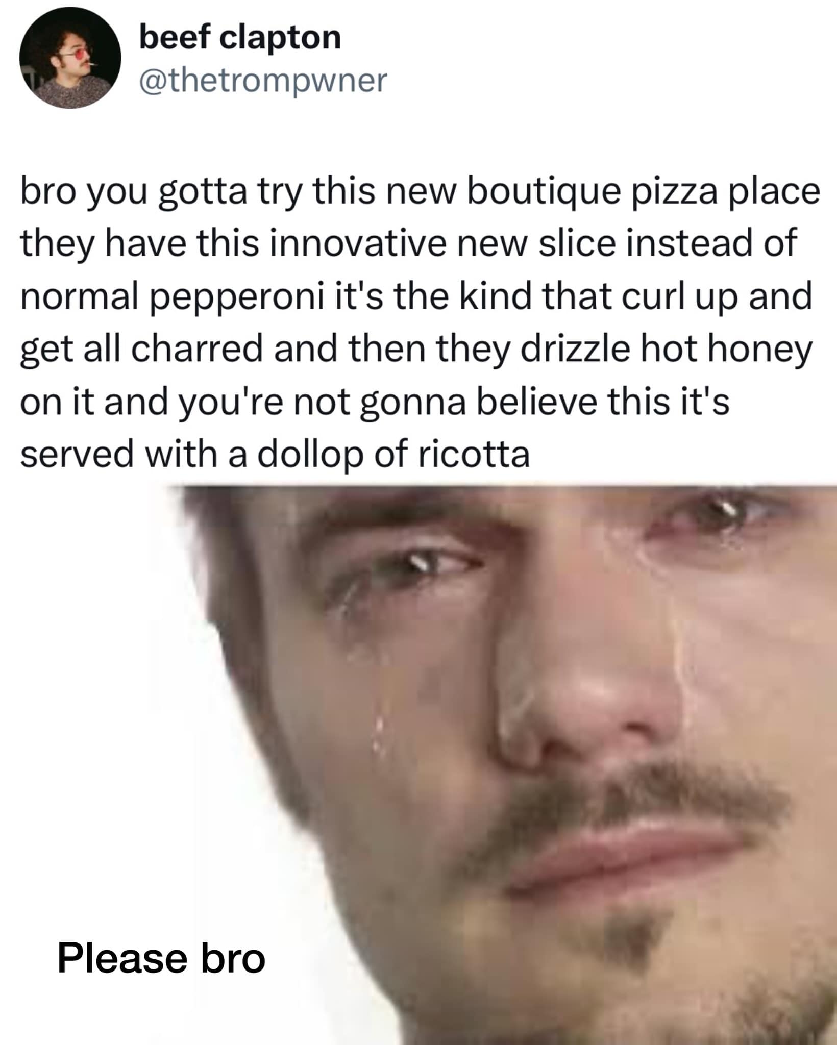 A hilarious meme dump entry showing a close-up of a man’s tear-streaked face, captioned with a frantic monologue mocking "boutique" pizza places that act like hot honey and ricotta are revolutionary inventions.