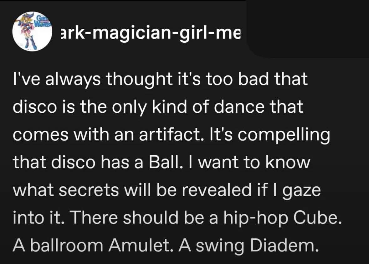 A text-based meme dump entry arguing that if Disco gets a "Ball," other genres should have enchanted items like a "Hip-Hop Cube," a "Ballroom Amulet," and a "Swing Diadem."