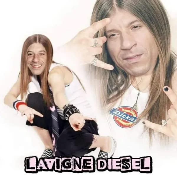 Action movie star Vin Diesel's face is seamlessly photoshopped onto Avril Lavigne's iconic early-2000s pop-punk outfits and poses to create a brilliant mashup image titled "Lavigne Diesel."