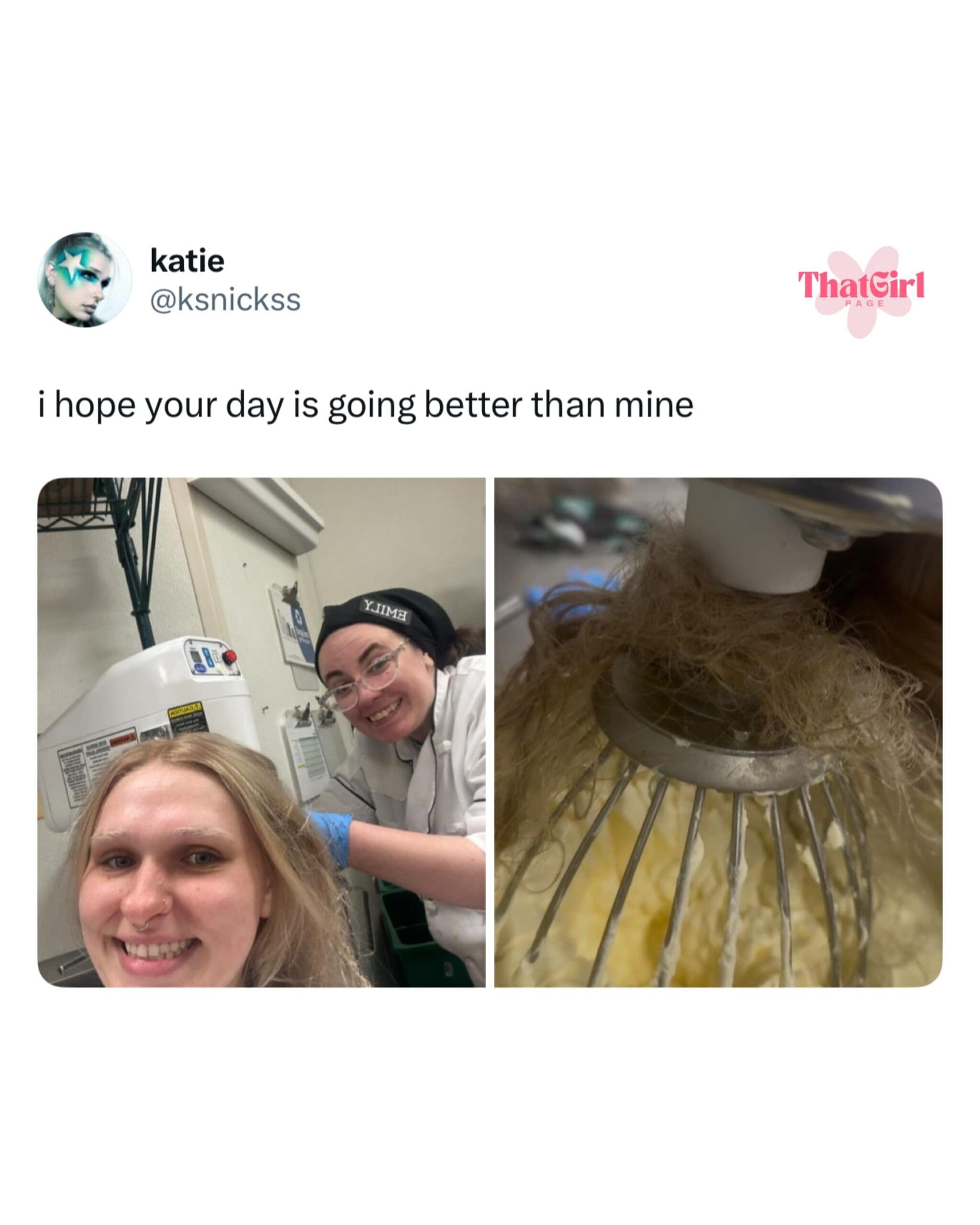 A workplace accident disaster post included in an online meme dump displays a split photo from user katie showing a bakery worker smiling awkwardly while her long blonde hair is hopelessly tangled around the whisk attachment of a giant industrial stand mixer.