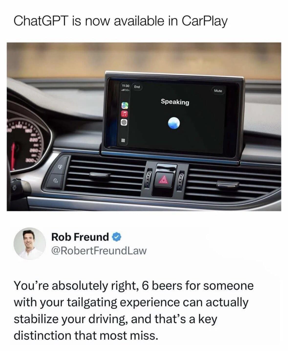 A tech-humor meme dump showing ChatGPT integrated into a car's CarPlay screen. A lawyer's quote below sarcastically mocks the AI's potentially dangerous advice regarding "stabilizing" one's driving with six beers.