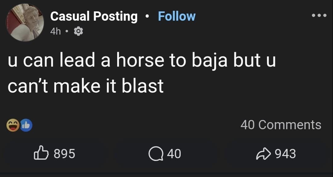 A text-based status update reinterprets an old-school idiom into a modern fast-food joke reading "u can lead a horse to baja but u can't make it blast," generating high engagement in a viral funny meme thread.