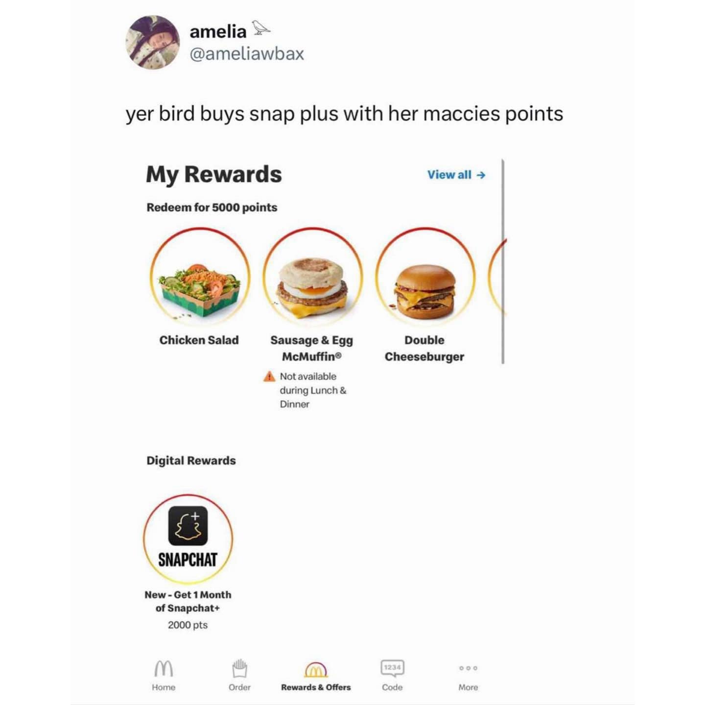 A screenshot of the McDonald's UK rewards app showing that users can now redeem "Maccies points" for one month of Snapchat+ instead of a cheeseburger.