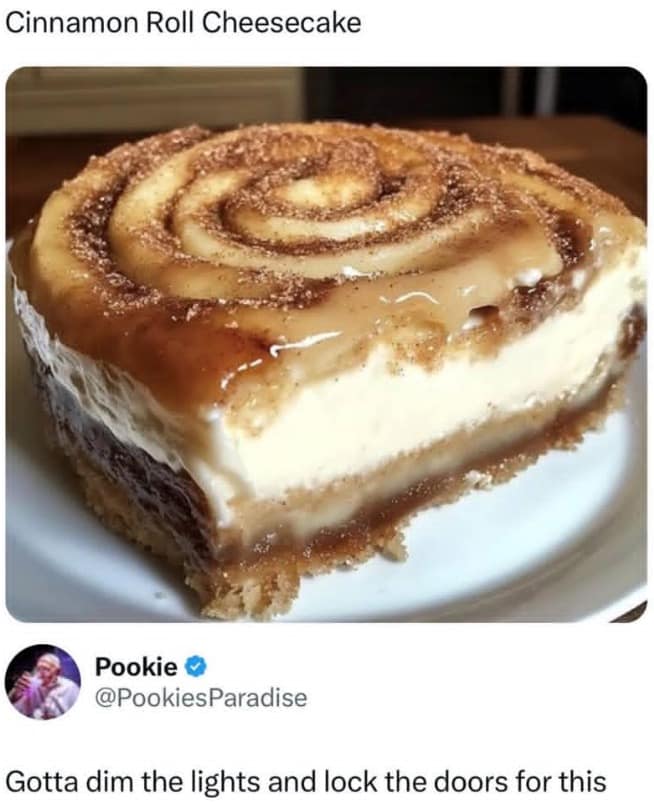 A massive, ultra-thick slice of gourmet cinnamon roll cheesecake triggers an intense social media reaction about needing to dim the lights and lock the doors to eat it in private.