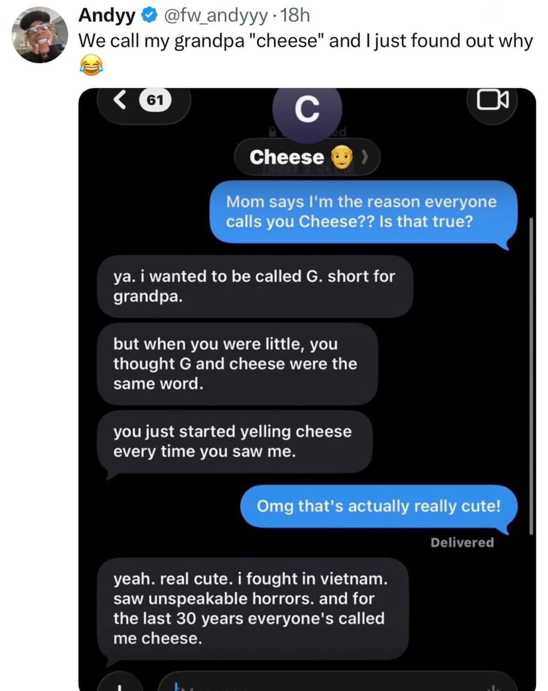 An iMessage text conversation reveals a dark comedy family secret where a traumatized Vietnam war veteran grandfather explains he has been unhappily nicknamed "Cheese" for 30 years due to a toddler misunderstanding.