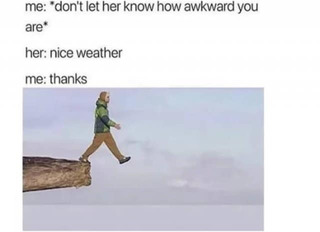 A man steps off a cliff into empty space to illustrate the internal panic of an awkward social interaction in this meme dump entry.