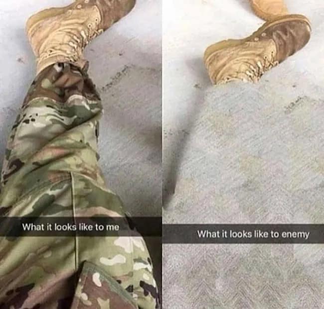 A technical meme dump visual showing a soldier's perspective of their camo trousers vs. an "enemy" view where the leg becomes a glitchy, distorted texture that perfectly matches the concrete floor.