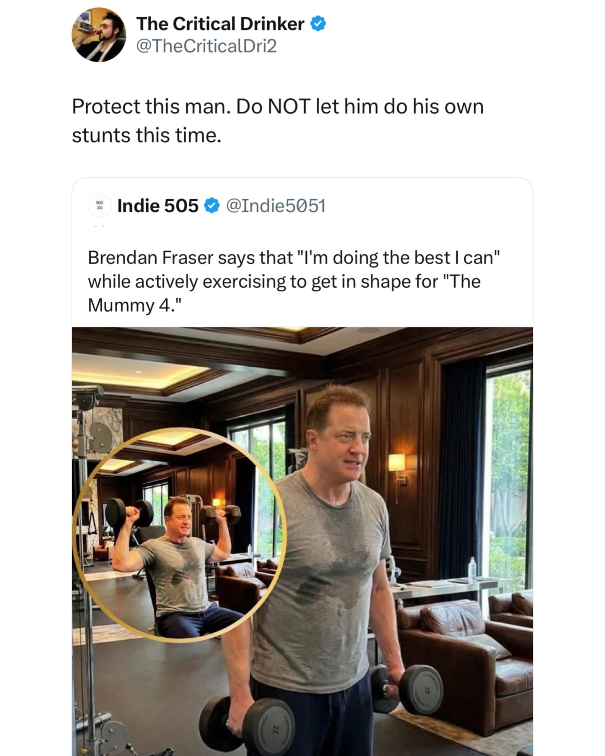 wholesome meme dump entry showing Brendan Fraser lifting dumbbells in a gym, getting back in shape for "The Mummy 4," with a tweet begging to protect him from his own stunts this time.