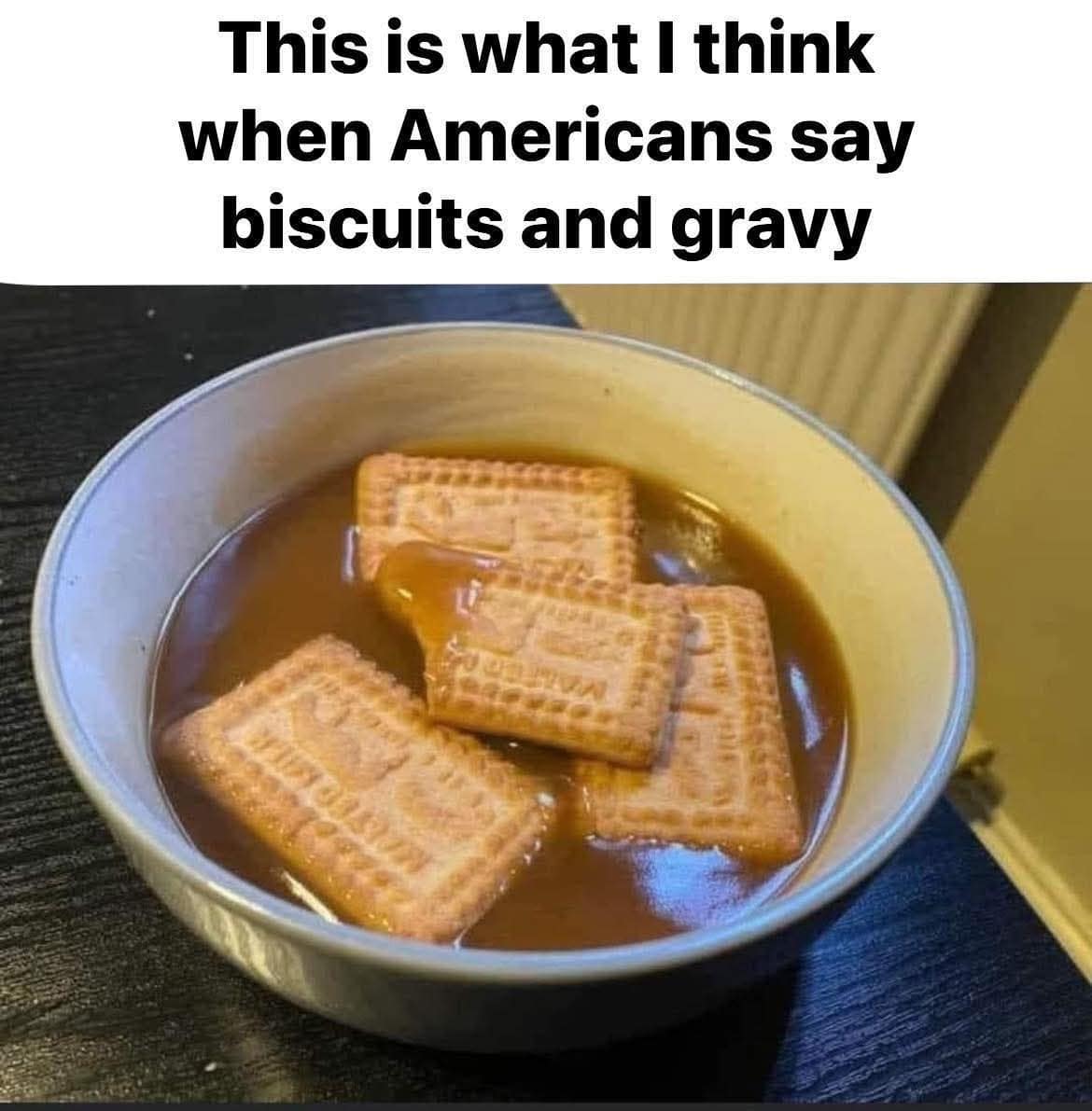 A cursed food meme dump image showing a bowl of square British-style tea biscuits soaking in a thick, dark brown meat gravy, representing a literal (and terrifying) interpretation of "biscuits and gravy."