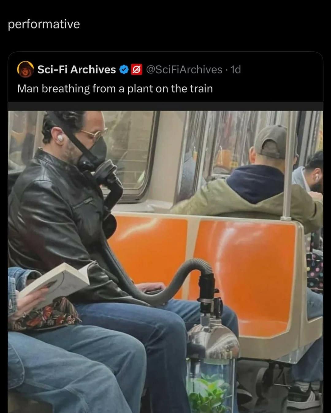 A commuter on a subway train wears a full tactical gas mask connected by a flexible hose to a live green plant sealed inside a clear glass jar, shared as a hilarious meme about performative eco-anxiety.