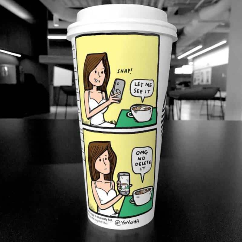 A creative funny meme drawn onto a Starbucks cup showing a coffee cup having a low-self-esteem crisis and demanding the customer "delete" the photo they just took of it.