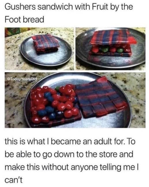 A multi-photo layout documents a homemade snack creation featuring a pile of Gushers candies layered inside a woven lattice of Fruit by the Foot rolls, celebrating the unchecked culinary freedoms of adulthood.