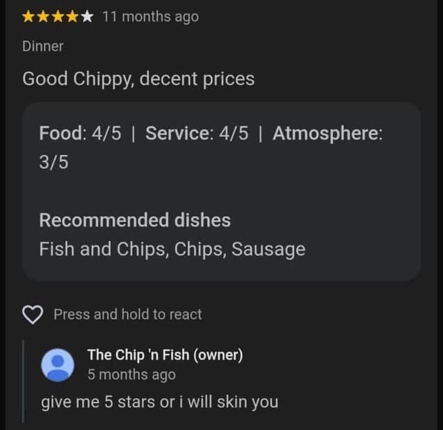 A customer review screenshot for a local restaurant takes a dark, threatening twist when the business owner replies to a positive review by demanding an absolute five stars under threat of physical violence.