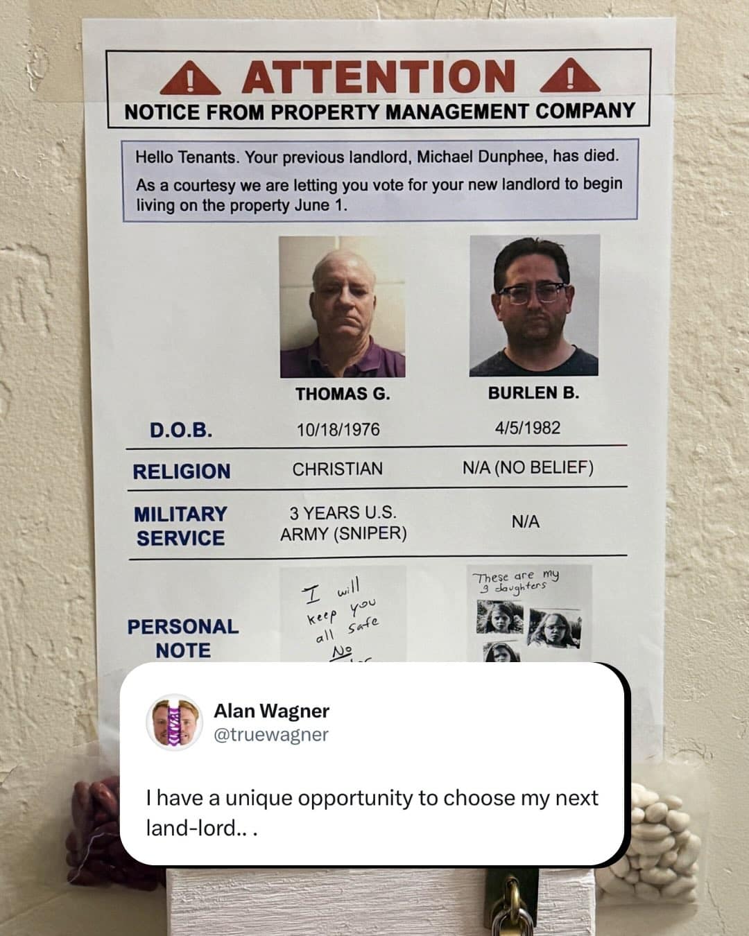 A surreal meme dump notice from a property management company asking tenants to vote for a new landlord between a former army sniper and a man with "no belief," including literal bags of beans for the voting process.