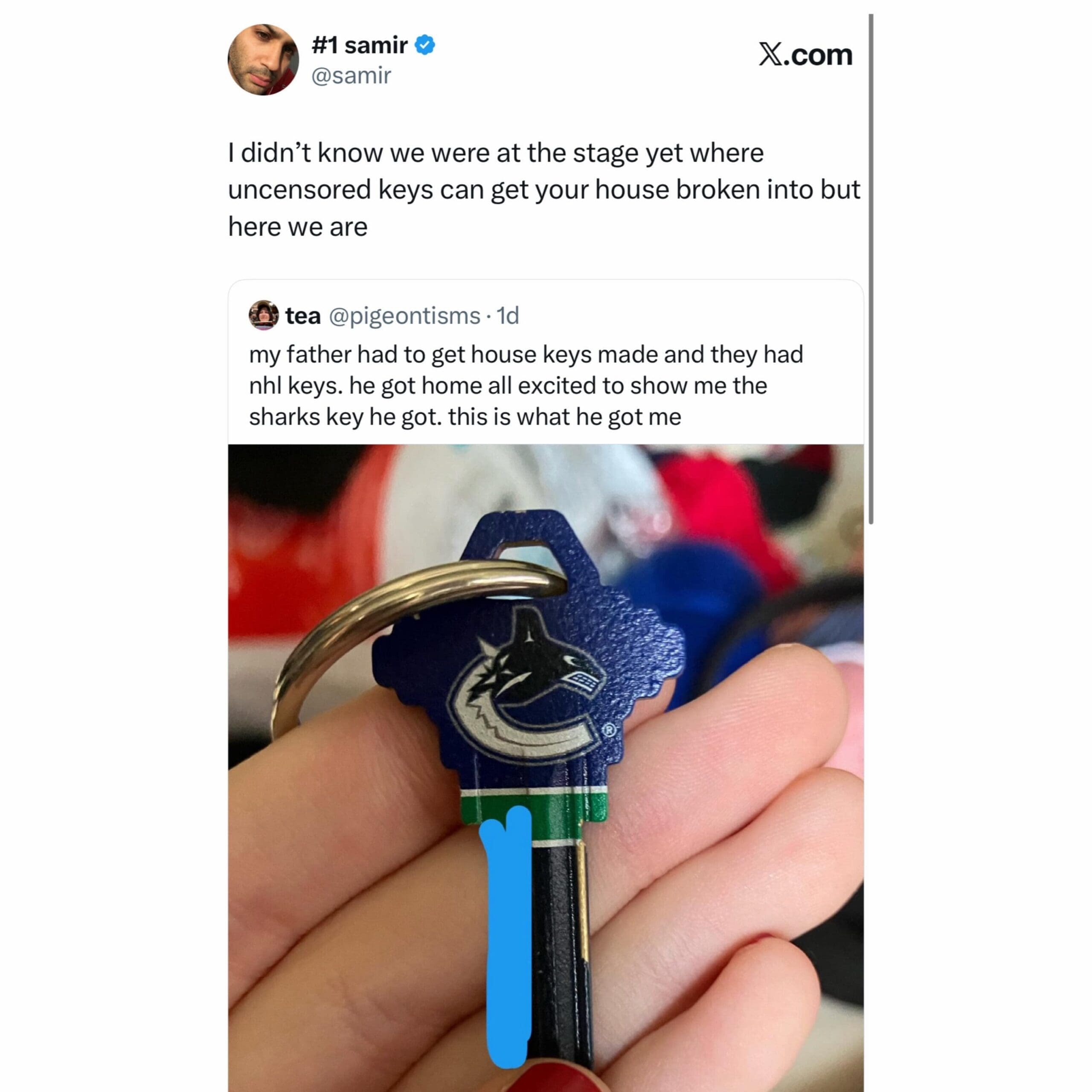 A Vancouver Canucks NHL custom house key with its teeth heavily censored by a blue markup line is featured in a viral social media thread about extreme internet privacy and lock-cloning phobias.