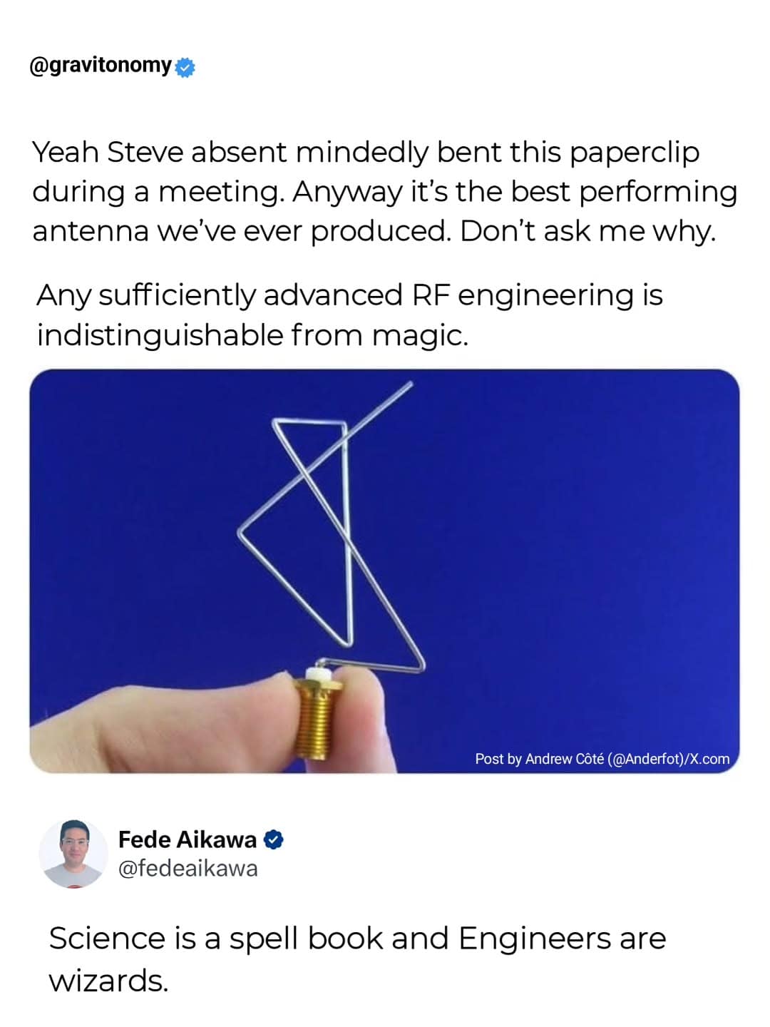 An engineering post details a paperclip accidentally bent during an office meeting that turned out to be a peak-performing RF antenna, shared widely as a hilarious meme about technical design looking like wizard magic.