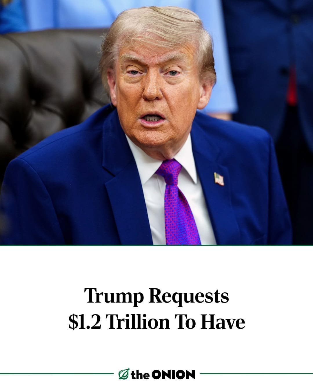 A satirical digital news graphic from The Onion, archived in a political meme dump, features a close-up photo of Donald Trump under the blunt, absurd headline: "Trump Requests $1.2 Trillion To Have."