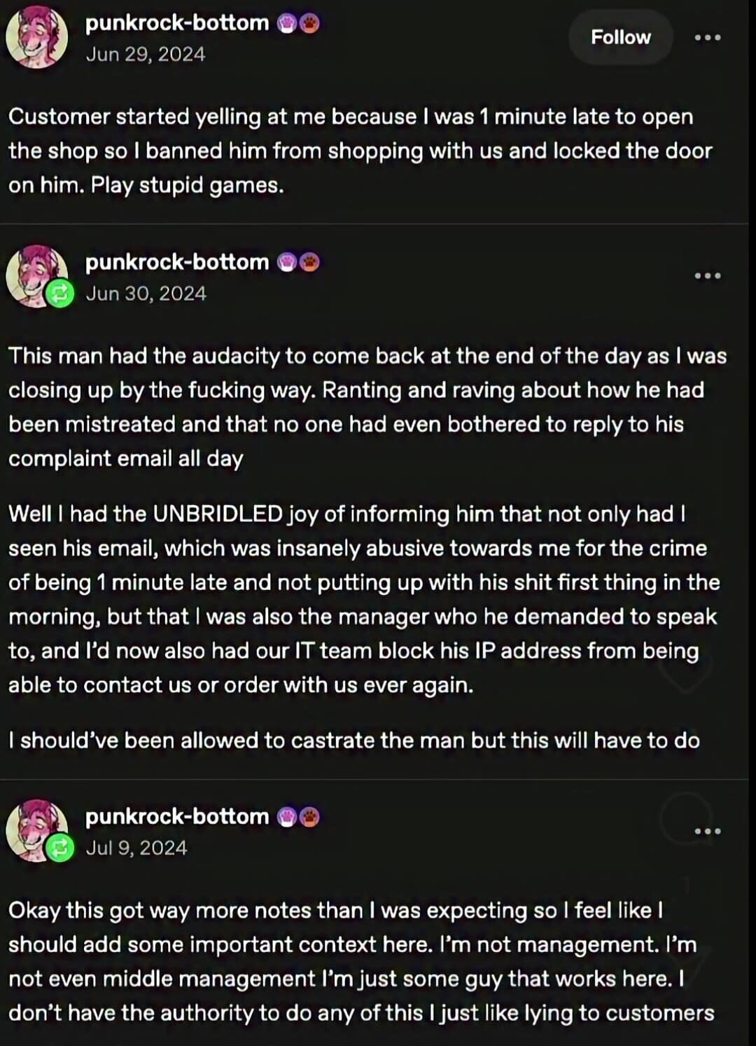 A viral meme dump story about a retail employee who lied to an abusive customer, claiming to be the manager and blocking their IP address just for the joy of it.