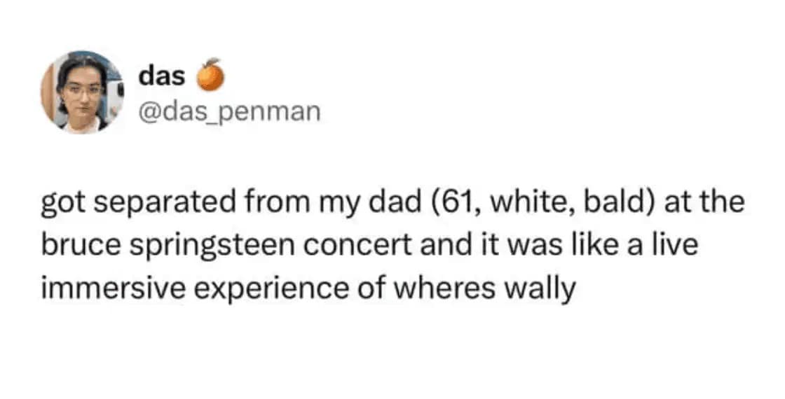 A viral funny meme tweet about the impossible task of finding a 61-year-old bald white man at a Bruce Springsteen concert, describing it as a live-action version of "Where's Waldo?"