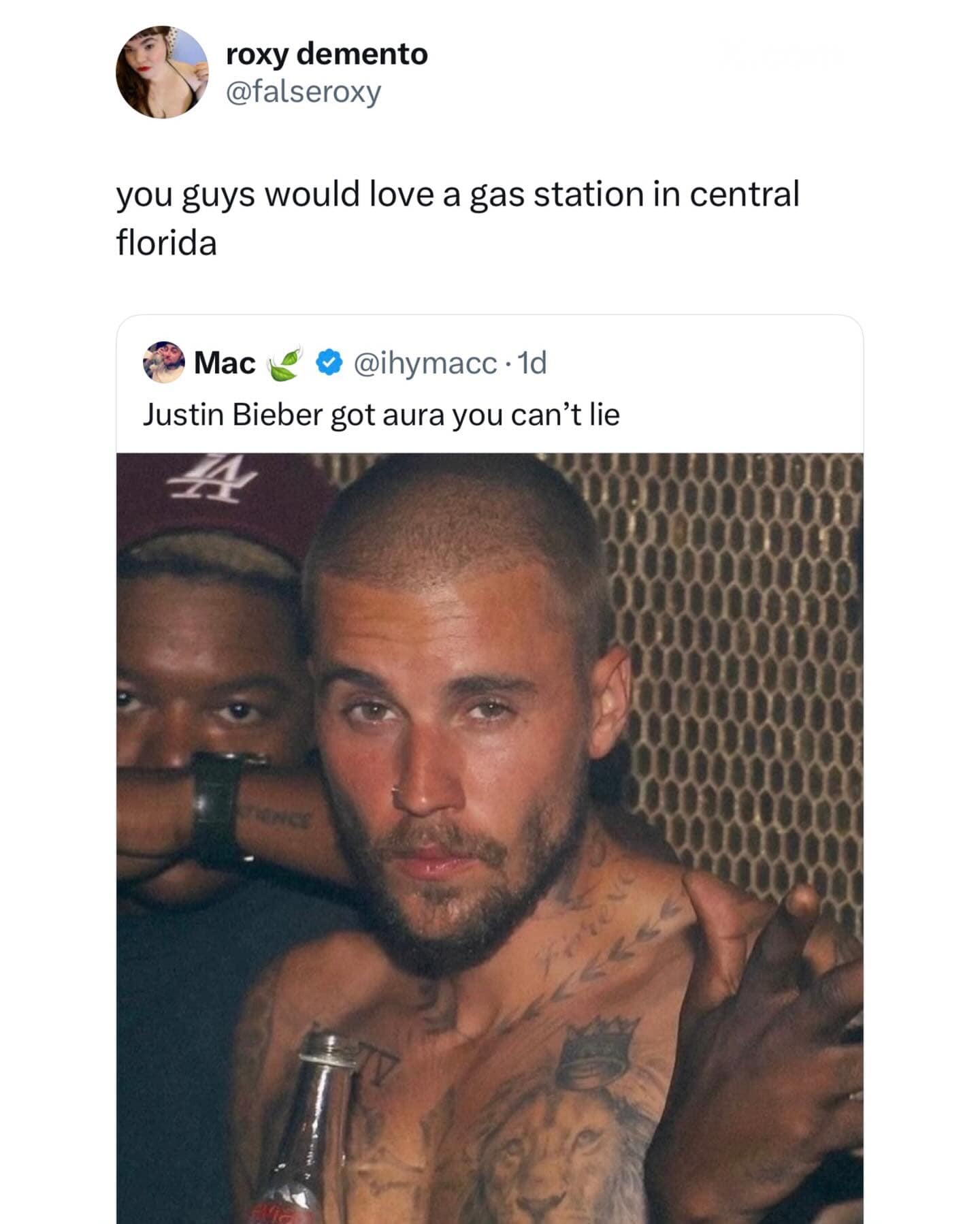 A screenshot of a tweet comparing a recent, rugged photo of Justin Bieber with a buzzcut and beard to the specific "aura" of someone you’d meet at a gas station in Central Florida.