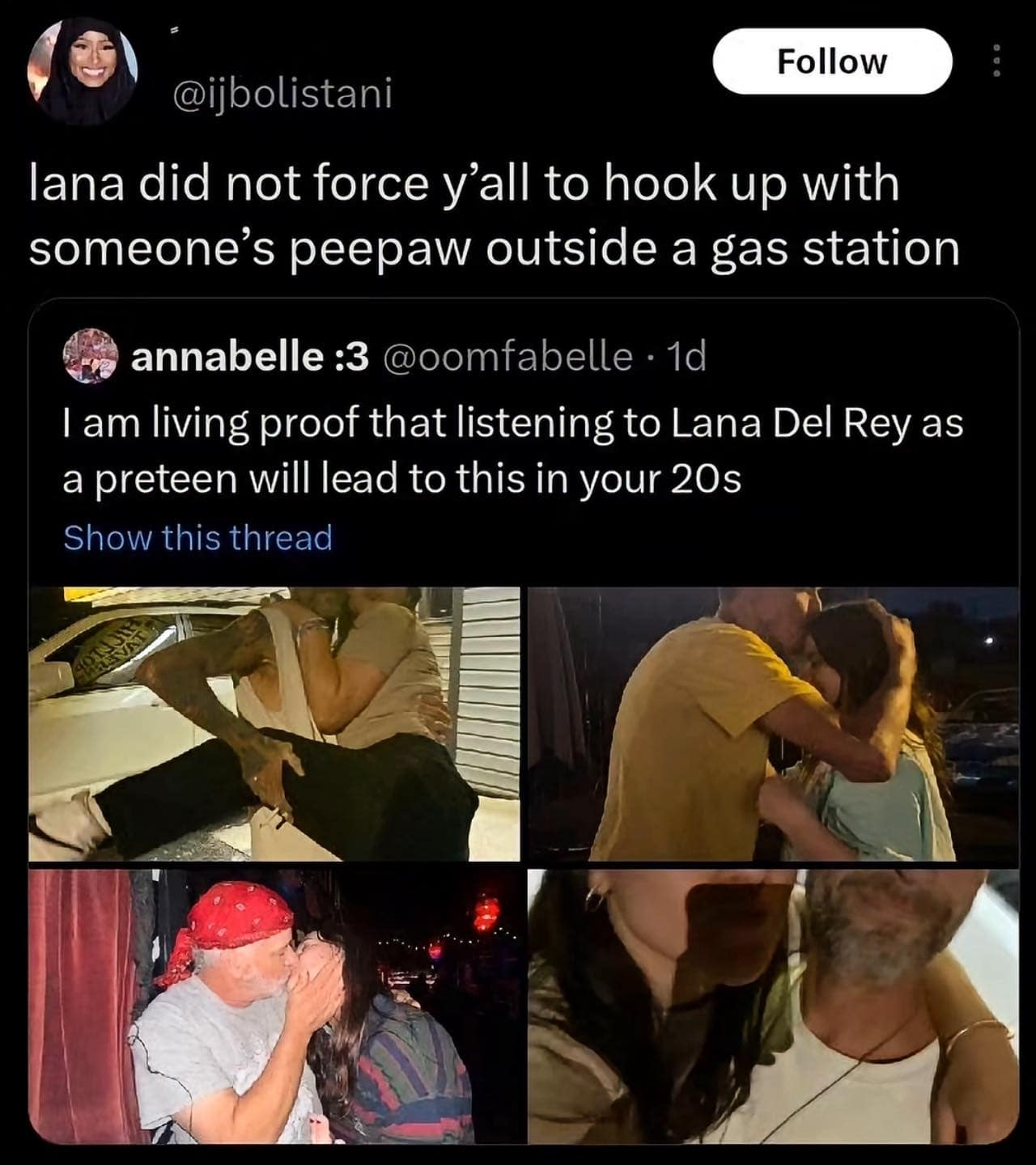A hilarious meme tweet thread mocking the trajectory of Lana Del Rey fans, featuring photos of young women kissing "peepaws" in red bandanas outside gas stations.