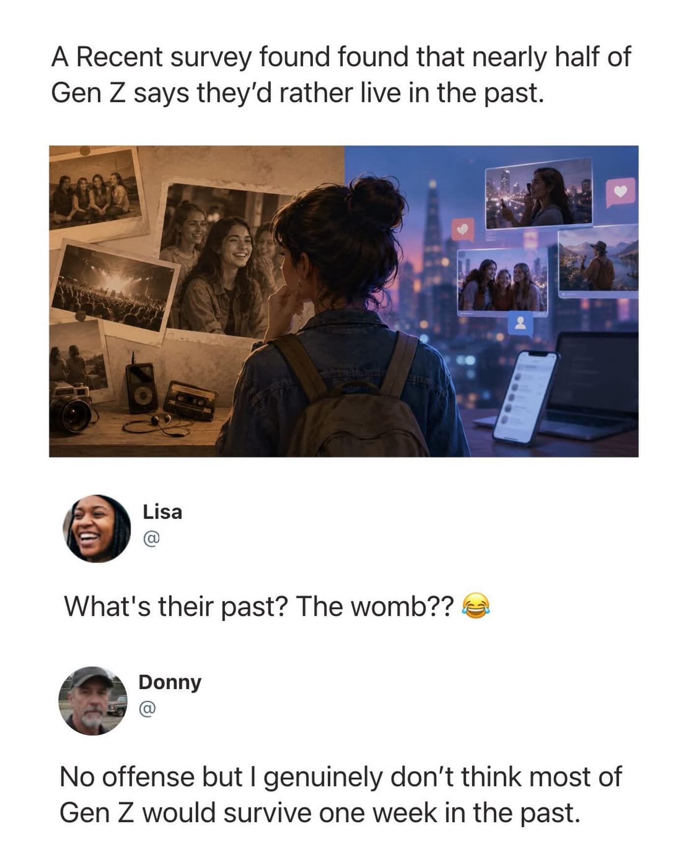 A split-view illustration analyzing generational nostalgia contrasts a retro layout of cassette tapes and film prints against a futuristic night skyline covered in digital social widgets, circulating as a viral meme dump entry about Gen Z wishing to live in the past.