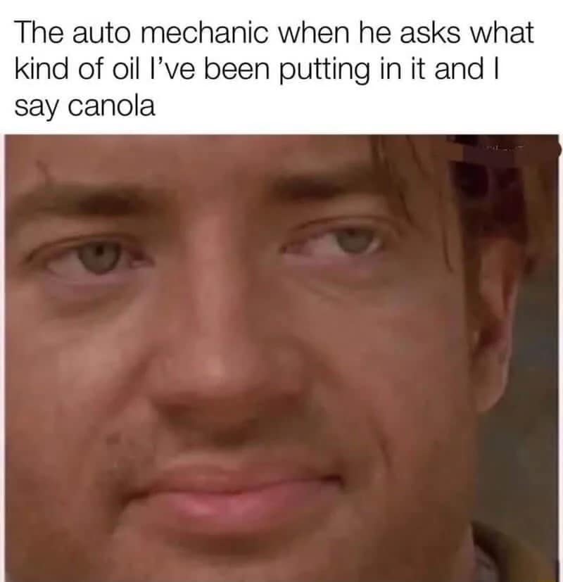 A meme dump image featuring a close-up of actor Brendan Fraser looking skeptical and deeply tired. The text describes an auto mechanic’s reaction to a customer admitting they’ve been using canola oil in their car.