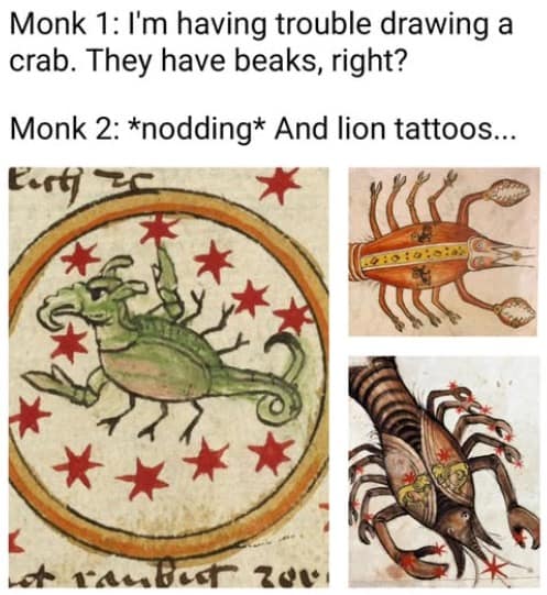 A meme dump featuring medieval manuscript illustrations of "crabs" that look like beaked monsters with lion tattoos, depicting a humorous conversation between two monks who have clearly never seen the ocean.