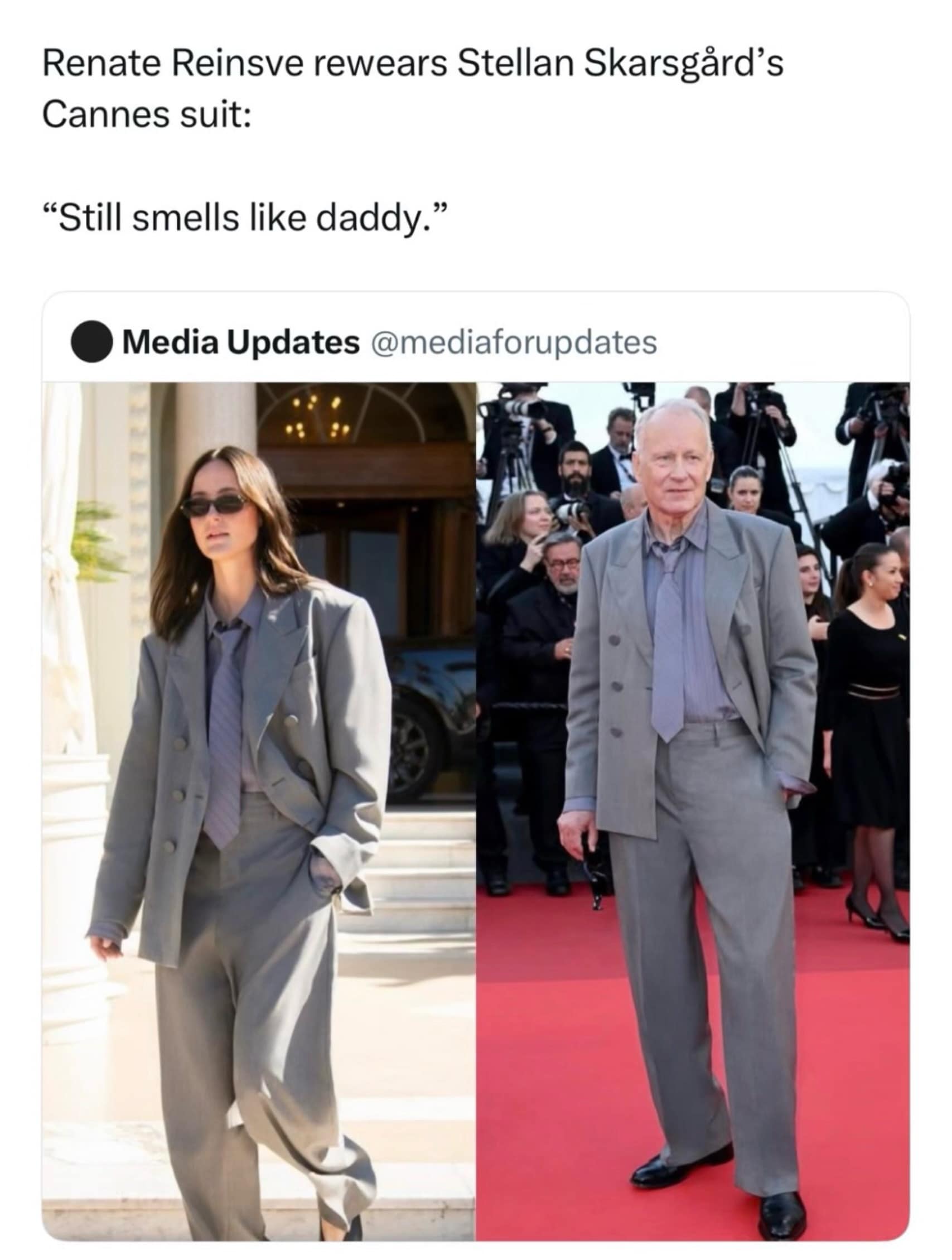 A celebrity style updates screenshot captures Norwegian actress Renate Reinsve wearing Stellan Skarsgård’s oversized double-breasted grey Cannes red carpet suit, making waves across a pop-culture meme dump.