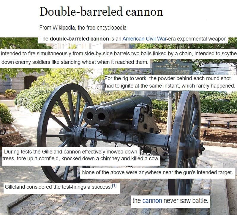 meme dump infographic describing the failed American Civil War double-barreled cannon that missed its target but successfully killed a cow.