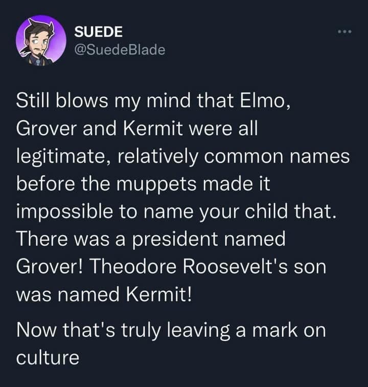 A hilarious meme tweet discussing how names like Elmo, Grover, and Kermit used to be common names for presidents and world leaders before the Muppets effectively ruined them for human children.
