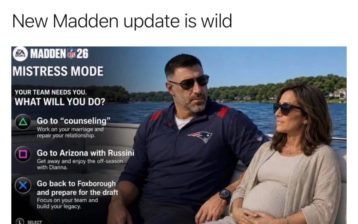 A meme dump parody of a Madden 26 game screen titled "Mistress Mode," showing a man and woman on a boat with RPG-style choices involving relationship counseling or fleeing to Arizona.