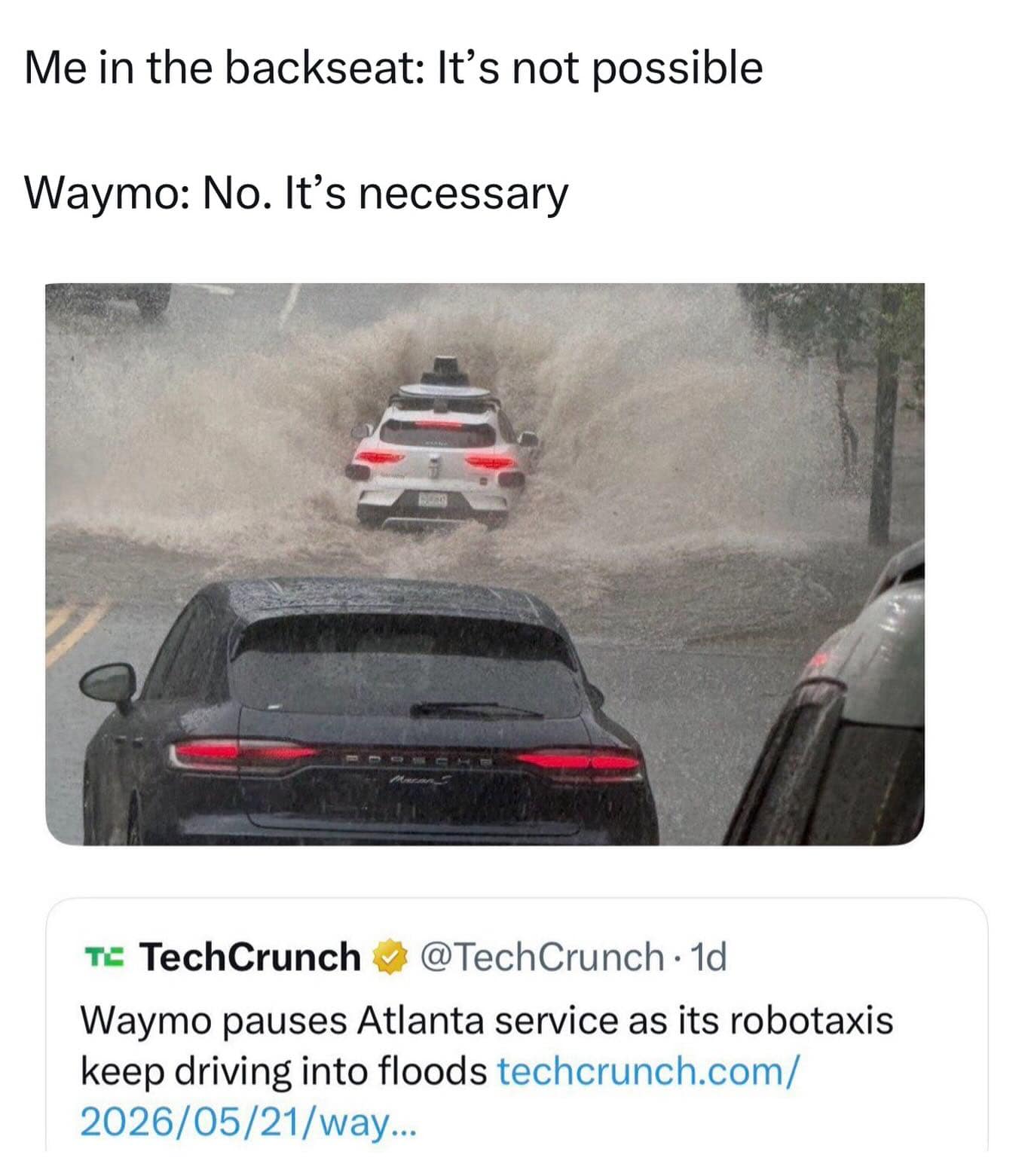 An autonomous white Waymo Jaguar SUV recklessly plowing through deep urban floodwater on a stormy afternoon serves as the perfect visual punchline for an autonomous driving tech meme dump entry.