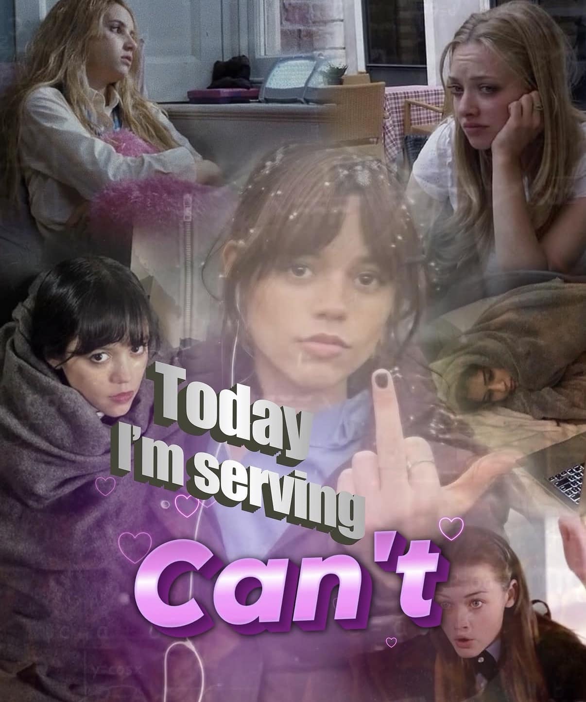 A "girl-rot" aesthetic meme dump collage featuring Jenna Ortega as Wednesday Addams with the text "Today I'm serving Can't."
