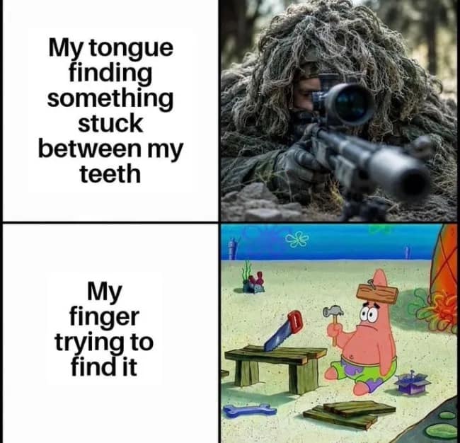 A side-by-side comparison chart contrasts a military sniper in a ghillie suit against a confused Patrick Star to illustrate the extreme difference in coordination between a tongue and a finger finding stuck food between teeth.