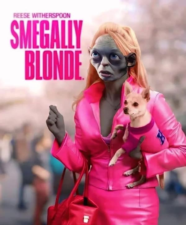 A cursed pop-culture photoshop mashup poster titled "SMEGALLY BLONDE" replaces Reese Witherspoon's face with Sméagol from The Lord of the Rings while dressed in her signature hot-pink outfit.