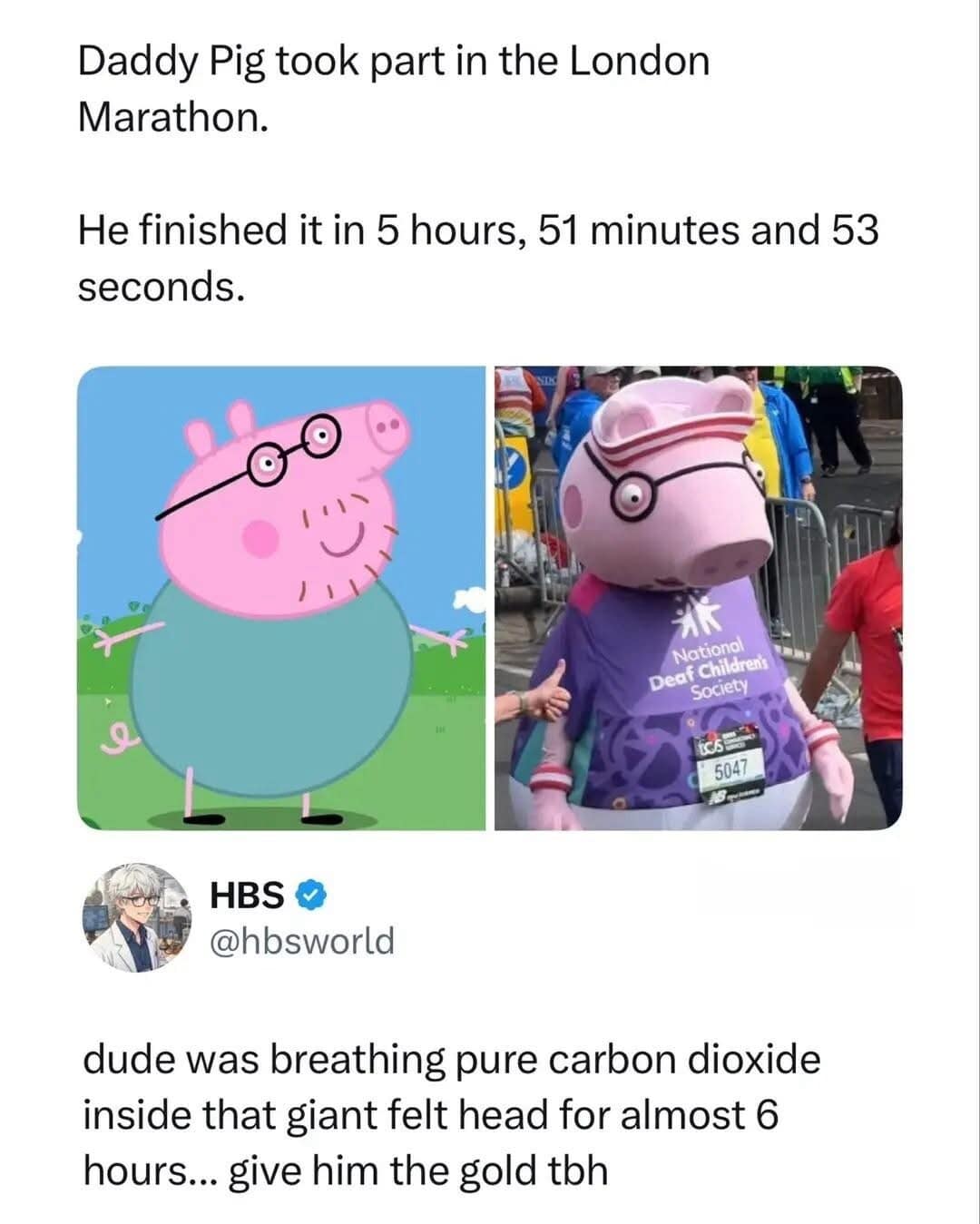 A side-by-side of Daddy Pig and a person in a mascot suit running a marathon creates a funny meme about the survival skills of costume performers.