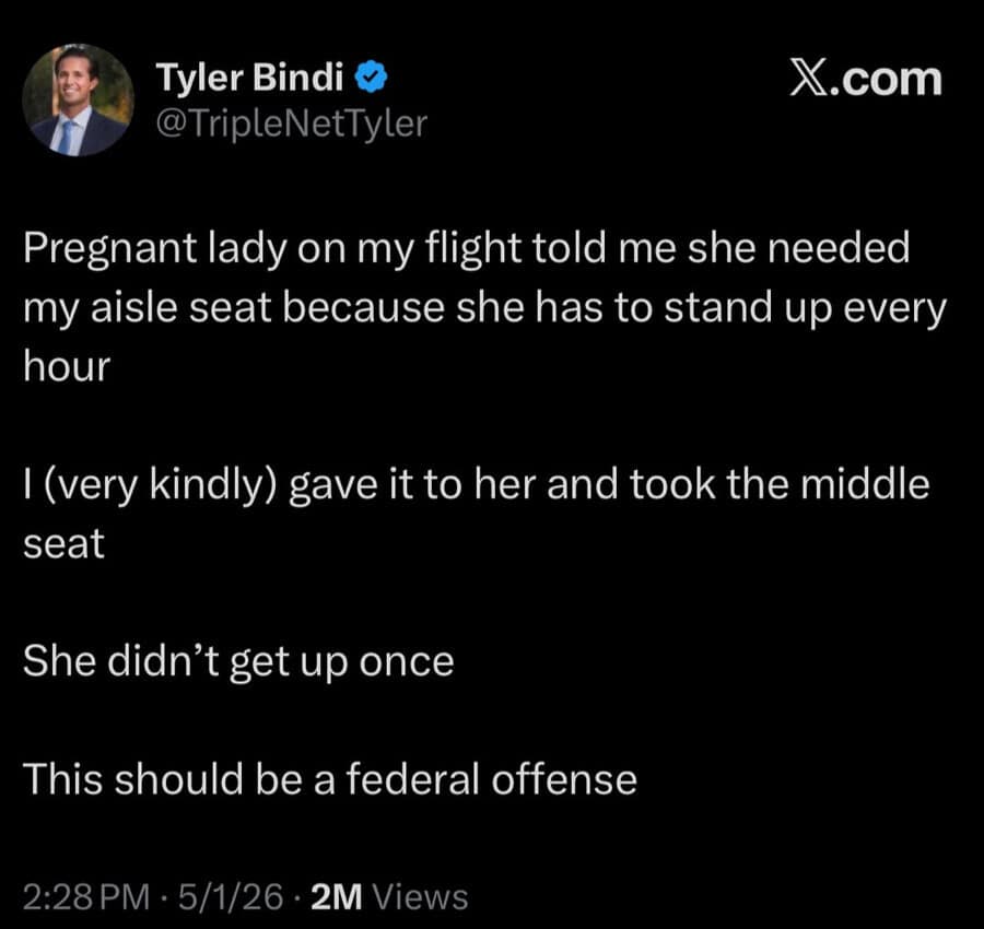 viral tweet about a seat-swapping incident on a plane where a pregnant woman lied to get an aisle seat, labeled as a "federal offense" in this meme dump.